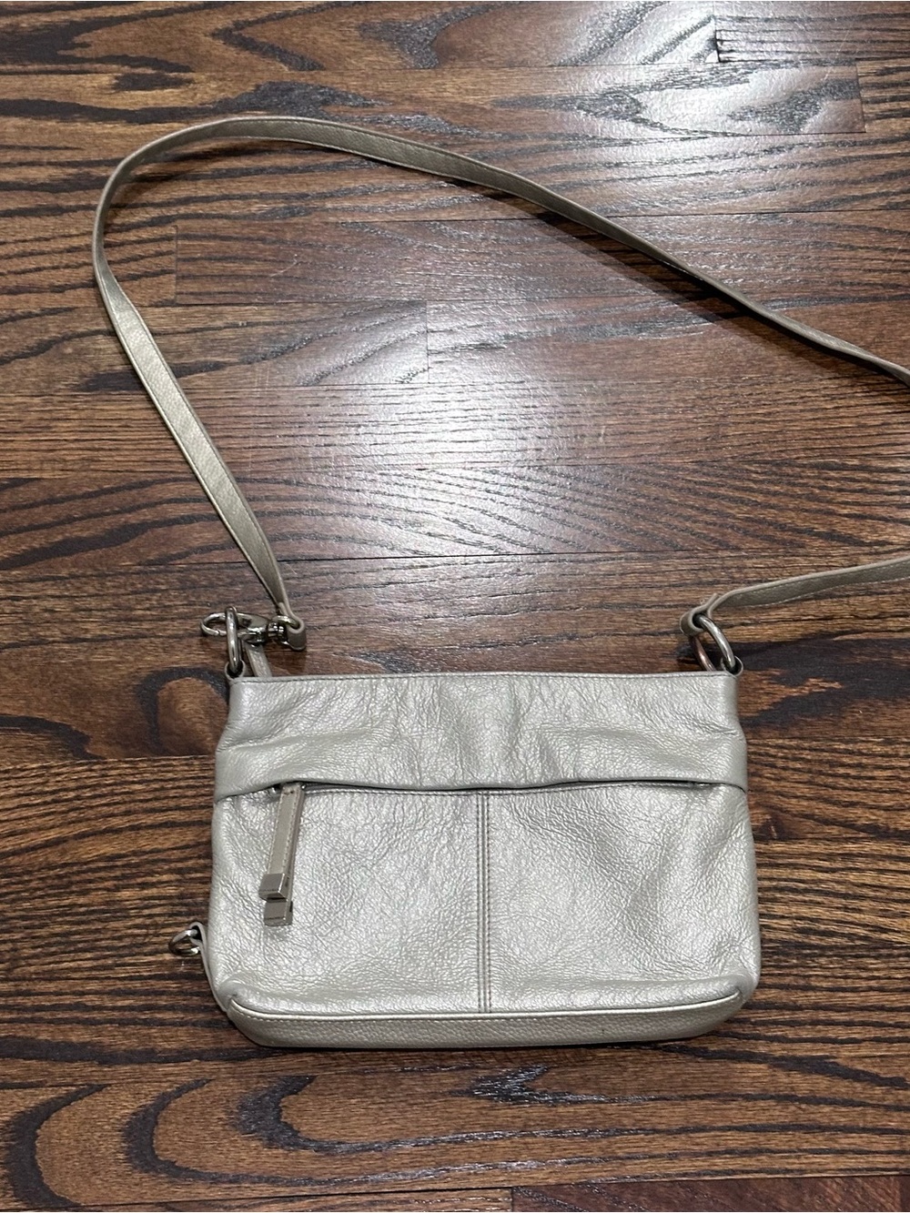 Tignanello Metallic Light Gray Leather Crossbody - Picture 2 of 5